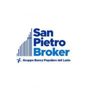 San Pietro Broker Gruppo Banca Popolare del Lazio, marchio figurativo con elementi verbali, raffigurante undici linee verticali di diverse lunghezze San Pietro Broker Gruppo Banca Popolare del Lazio, marchio figurativo con elementi verbali, raffigurante undici linee verticali di diverse lunghezze e due linee orizzontali in colore blu pantone 286 C, alla loro destra su 3 linee sono presenti le parole San Pietro in colore blu Pantone 286 C e Broker in colore blu-turchese Pantone 285 C ; in basso sono raffigurati due elementi curvilinei in colore blu Pantone 286 C e in blu-turchese Pantone 285 C, a seguire sono riprodotte le diciture Gruppo Banca Popolare del Lazio in colore blu Pantone 286 C . La traduzione italiana della parola inglese Broker è intermediario . San Pietro Broker Gruppo Banca Popolare del Lazio, marchio figurativo con elementi verbali, raffigurante undici linee verticali di diverse lunghezze