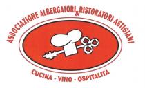 IL MARCHIO E CARATTERIZZATO DA UN CAPPELLO DA CUOCO ATTRAVERSO IL QUALE PASSA UNA CHIAVE. IL TUTTO E INSERITO IN MARCHIO E CARATTERIZZATO DA UN CAPPELLO DA CUOCO ATTRAVERSO IL QUALE PASSA UNA CHIAVE. IL TUTTO E INSERITO IN UN CERCHIO CIRCONDATO AL DI SOPRA DALLA SCRITTA ASSOCIAZIONE ALBERGATORI RISTORATORI ASTIGIANI E SOTTO DALLA DICITURA CUCINA - VINO - OSPITALITA IL MARCHIO E CARATTERIZZATO DA UN CAPPELLO DA CUOCO ATTRAVERSO IL QUALE PASSA UNA CHIAVE. IL TUTTO E INSERITO IN