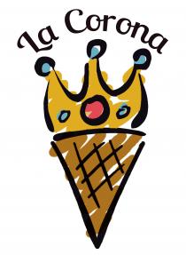 LA CORONA scritta che sormonta un cono tipico per gelato dove al posto del gelato c è una corona, sia il LA CORONA scritta che sormonta un cono tipico per gelato dove al posto del gelato c è una corona, sia cono che la corona sono disegnati in maniera da sembrare un disegno fatto a mano, con linee dalle dimensioni irregolari e colorato come fosse fatto da un bambino. la parte inferiore costituita dal cono ha una colorazione marrone mentre la parte superiore costituita dalla corona è di colore giallo con un pallino rosso centrale delimitato da una linea nera e 5 pallini blu delimitati con linea nera cosi collocati: 2 affiancati a quello rosso all interno della corona e 3 sulle punte della corona LA CORONA scritta che sormonta un cono tipico per gelato dove al posto del gelato c è una corona, sia il