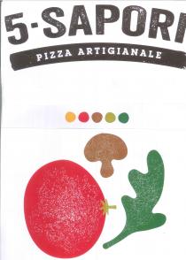 5-SAPORI PIZZA ARTIGIANALE - 5-SAPORI PIZZA ARTIGIANALE al di sotto 5 puntini colorati che rappresentano 5 tipologie di imbasti per 5-SAPORI PIZZA ARTIGIANALE - 5-SAPORI PIZZA ARTIGIANALE al di sotto 5 puntini colorati che rappresentano 5 tipologie di imbasti per pizza e sgue elementi stilizzati di uso ingredienti pizza 5-SAPORI PIZZA ARTIGIANALE - 5-SAPORI PIZZA ARTIGIANALE al di sotto 5 puntini colorati che rappresentano 5 tipologie di imbasti per