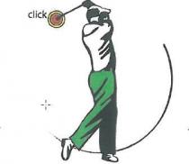 CLICK - Trattasi del marchio figurativo composto dalla raffigurazione di un uomo che compie il movimento dello swing, con pantaloni CLICK - Trattasi del marchio figurativo composto dalla raffigurazione di un uomo che compie movimento dello swing, con pantaloni verdi, maglia bianca, scarpe bianche e un berretto. Tra le mani una mazza che finisce con un elemento circolare di color giallo,arancione e rosso, e la scritta click sulla sinistra. Presenta anche una linea a semicerchio nera sulla destra che simula il movimento CLICK - Trattasi del marchio figurativo composto dalla raffigurazione di un uomo che compie il movimentodello swing, con pantaloni