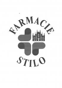 COMPOSTO DALLA SCRITTA FARMACIE STILO IN MAIUSCOLO IN NERO POSIZIONATA A SEMICERCHIO INTORNO A TRE SIMBOLI A FORMA DI ELLE