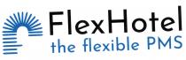 Flex Hotel the flexible PMS. Sul lato sinistro troviamo una f stilizzata a forma di molla colore azzurro 00B8DE . Subito