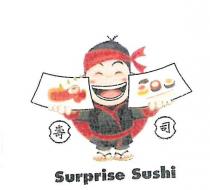 IL MARCHIO E COMPOSTO DALLA SCRITTA SURPRISE SUSHI SU CUI CAMPEGGIA LA RAPPRESENTAZIONE IN STILE MANGA DI UN OMINO CON