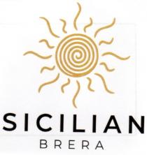 SICILIAN BRERA - IL MARCHIO RAFFIGURA UN SOLE A SPIRALE CON RAGGI ONDULATI COLORE DORATO. SOTTO LA SCRITTA SICILIAN BRERA