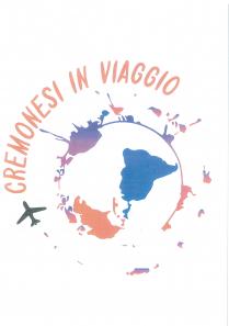 MARCHIO CIRCOLARE CHE RAPPRESENTA IL MONDO STILIZZATO DI COLORE ROSSO, BLU E VIOLA, UN AEREO ESTERNO AL MONDO DI COLORE