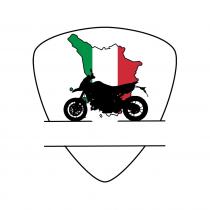 sagoma di motociclo con a sfondo regione toscana internamente colorata di verde,bianco,rosso inseriti in scudo triangolare arrotondato diviso nei suoi