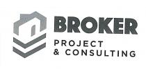 il marchio e composto dalla scritta ; broker project consulting e la sagoma stilizzata di un palazzo identificata da