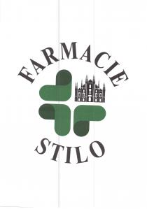 MARCHIO COMPOSTO DALLA SCRITTA FARMACIE STILO IN MAISUCOLO, IN NERO, POSIZIONATA A SEMICERCHIO INTORNO A TRE SIMBOLI A FORMA DI