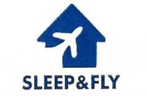 SLEEP FLY DORMI E VOLA . Casetta blu con in mezzo un aereo bianco. Sotto è riportata la scritta Sleep