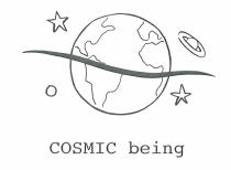 COSMIC BEING RAPPRESENTAZIONE STILIZZATA DEL PIANETA TERRA CIRCONDATO DA STELLE E PIANETI. IL TUTTO ATTRAVERSATO DA UNA LINEA SINUOSA. LA