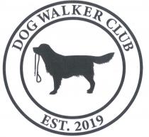 DOG WALKER CLUB EST.2019 DUE CERCHI CONCENTRICI CON AL CENTRO L IMMAGINE STILIZZATA DI UN CANE AL GUINZAGLIO INTORNO GIRA IL