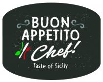 DENOMINAZIONE BUON APPETITO CHEF, LE POSATE CON I COLORI DELLA BANDIERA ITALIANA, ORNAMENTI ACCANTO AL NOME, PIATTI TIPICI SICILIANI