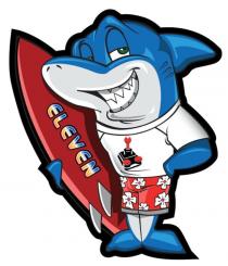 Il marchio comprende uno squalo con sembianze umane in posizione eretta mentre regge una tavola da surf sulla quale è