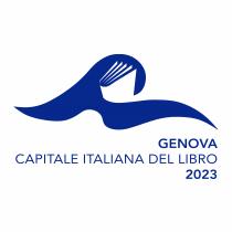 Il logo è composto dalle parole GENOVA CAPITALE ITALIANA DEL LIBRO 2023 in colore blu e in carattere Avenir, su