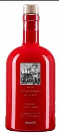 Red Glass Bottle in a specific shape, which is painted in Red and has the words OLIO EXTRA VERGINE, SOGNO ITALIANO, AND LA DOLCE VITA SPEDALONE on it in a contrasting color.