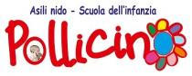 Scritte Asili nido - Scuola dell Infanzia di colore blu e Pollicino, di colore Rosso, con bordo bianco, nella prima O