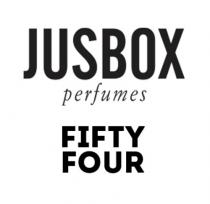 JUSBOX PERFUMES FIFTY FOUR grafia. Il marchio è costituito dalla dicitura JUSBOX PERFUMES FIFTY FOUR in grafia particolare e posta