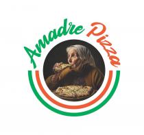 LOGO AMADRE PIZZA: IMMAGINE DI UNA DONNA ANZIANA CHE MANGIA LA PIZZA ALL INTERNO DI UN CERCHIO CON LO SFONDO NERO