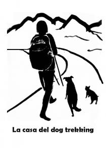 immagine stilizzata di colore nero raffigurante una persona che cammina con zaino a tracolla due bastoni e due cani attraverso