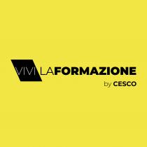 Fondo giallo con type Vivi la formazione by Cesco . Scritta maiuscola, Vivi in bianco riquadrato in nero, Formazione in grassetto.
