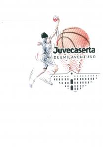 UN GRANDE PALLONE DA BASKET SOVRASTA IL DISEGNO DEL PALAZZO REALE DI CASERTA, MENTRE UN CESTISTA E DISEGNATO NELL ATTO DI
