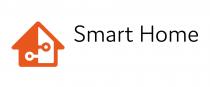 SMART HOME- PITTOGRAMMA RAFFIGURANTE UNA CASA META DI COLORE BIANCA E META DI COLORE ARANCIONE CON DUE CERCHI SIMMETRICI SUL