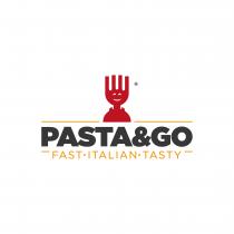 logo a forma di forchetta con smile rosso, pasta go riferito al fast food che vende pasta da asporto