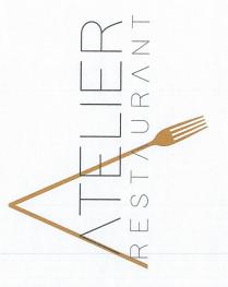 ATELIER RESTAURANT. LA SCRITTA ATELIER RESTAURANT IN COLORE NERO SU SFONDO BIANCO, DISPOSTA SU DUE RIGHE GIUSTIFICATE PRESENTA SOVRAPPOSTA L IMMAGINE