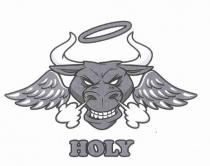 HOLY.GRAFICA COMPOSTA DA UN TESTA DI TORO CON SBUFFI DI FUMO DAL NASO, DUE ALI LATERALI E UN AUREOLA SOPRA LA