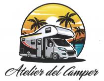 ATELIER DEL CAMPER - RAFFIGURAZIONE CAMPER CON SFONDO UN TRAMONTO MARITTIMO CON PALME