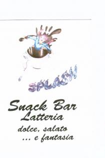 SNACK BAR LATTERIA SPLASH DOLCE, SALATO ... E FANTASIA MARCHIO E COSTITUITO DA UN DISEGNO RAFFIGURANTE UN RAGAZZINO DI COLORE AZZURRO CHE CADE IN UNA TAZZINA DI CAFFE CON RELATIVO CUCCHIAINO DI COLORE BIANCO E LA SCRITTA SPLASH SNACK BAR LATTERIA SPLASH DOLCE, SALATO ... E FANTASIA