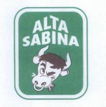 IL MARCHIO CONSISTE IN UNA ETICHETTA RETTANGOLARE CON GLI ANGOLI SMUSSATI, CON IL BORDO VERDE SEGUITO ALL INTERNO DA UNA CORNICETTA MARCHIO CONSISTE IN UNA ETICHETTA RETTANGOLARE CON GLI ANGOLI SMUSSATI, CON IL BORDO VERDE SEGUITO ALL INTERNO DA UNA CORNICETTA BIANCA E DA UNO SFONDO VERDE OVE NELLA PARTE SUPERIORE E PRESENTE LA SCRITTA ALTA SABINA IN CARATTERI STAMPATELLO MAIUSCOLI BIANCHI E NELLA PARTE INFERIORE IL DISEGNO DI UNA TESTA DI UNA MUCCA NEL GESTO DI STRIZZARE L OCCHIO. IL MARCHIO CONSISTE IN UNA ETICHETTA RETTANGOLARE CON GLI ANGOLI SMUSSATI, CON IL BORDO VERDE SEGUITO ALL INTERNO DA UNA CORNICETTA