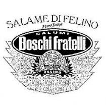 SCRITTA SALAME DI FELINO IN CARATTERI GRAFICI STILIZZATI, AL DI SOTTO DELLA QUALE VI È LA SCRITTA PURO SUINO IN SCRITTA SALAME DI FELINO IN CARATTERI GRAFICI STILIZZATI, AL DI SOTTO DELLA QUALE VI È LA SCRITTA PURO SUINO IN DIMENSIONI MINORI, E UN OVALE FILETTATO IN CUI VI È LA DICITURA SALUMI BOSCHI FRATELLI ANCH ESSA STILIZZATA. INFERIORMENTE ALL OVALE È SOVRAPPOSTO UN ELEMENTO CIRCOLARE ATTORNIATO DA COMPOSIZIONE FLOREALE E CONTENENTE LA SCRITTA TRADIZIONE DI QUALITA LUNGO LA CIRCONFERENZA DI DETTO ELEMENTO. NELL ELEMENTO CIRCOLARE È INOLTRE RAFFIGURATO UN BIPLANO, FRA NUBI, SORVOLANTE LE CIMINIERE FUMANTI DI UNO STABILIMENTO. PARZIALMENTE SOVRAPPOSTA AL DETTO ELEMENTO VI E UNA BANDA CON LA SCRITTA FELINO E LA DICITURA MARCA AEROPLANO . SCRITTA SALAME DI FELINO IN CARATTERI GRAFICI STILIZZATI, AL DI SOTTO DELLA QUALE VI È LA SCRITTA PURO SUINO IN