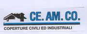CE.AM.CO. COPERTURE CIVILI ED INDUSTRIALI. SU SFONDO BIANCO SULLA SINISTRA UN TETTO STILIZZATO CON CAMINO NERO S SULLA DESTRA LA CE.AM.CO. COPERTURE CIVILI ED INDUSTRIALI. SU SFONDO BIANCO SULLA SINISTRA UN TETTO STILIZZATO CON CAMINO NERO S SULLA DESTRA LA SCRITTA DELLE SIGLE DELLA SOCIETA IN STAMPATELLO MAIUSCOLO DI COLORE BLU TUTTO SOTTOLINEATO DA UNA RIGA BLU E NERA AL DI SOTTO DELLA QUALE E SPECIFICATO LA DENOMINAZIONE DELLA SOCIETA DI COLORE NERO.