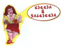 DONNA CHE INDOSSA UNA CAMICIA GIALLA, GONNA E SCARPE ROSSE E UNA GIARRETTIERA. IMPUGNA UN POLLO CON UNA MANO E DONNA CHE INDOSSA UNA CAMICIA GIALLA, GONNA E SCARPE ROSSE E UNA GIARRETTIERA. IMPUGNA UN POLLO CON UNA MANO E UN PROSCIUTTO CON L ALTRA. SCRITTA CICCIA E SALCICCIA CON LETTERE STILIZZATE CREATE CON MORELLI DI SALSICCIA DONNA CHE INDOSSA UNA CAMICIA GIALLA, GONNA E SCARPE ROSSE E UNA GIARRETTIERA. IMPUGNA UN POLLO CON UNA MANO E