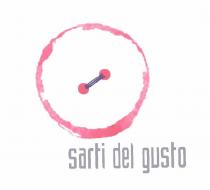 CONSISTENTE IN UN BOTTONE PER SARTORIA RAPPRESENTATO NEL SEGUENTE MODO CERCHIO CON INTERNO BIANCO E PERIMETRO DI COLORE ROSSO DISEGNATO CONSISTENTE IN UN BOTTONE PER SARTORIA RAPPRESENTATO NEL SEGUENTE MODO CERCHIO CON INTERNO BIANCO E PERIMETRO DI COLORE ROSSO DISEGNATO CON TRATTO NON OMOGENEO RAFFIGURANTE UN IMPRONTA LASCIATA DA UN BICCHIERE SPORCO AL CENTRO DEL CERCHIO VI SONO DUE PUNTI DI COLORE ROSSO CHE RAFFIGURANO I FORI DEL BOTTONE I DUE PUNTI FORI SONO UNITI DA TRE RIGHE DI COLORE VIOLA SCURO CHE RAPPRESENTANO FILO DELLA CUCITURA DEL BOTTONE SOTTO IL BOTTONE E PRESENTE LA SCRITTA SARTI DEL GUSTO DI COLORE GRIGIO SCURO CONSISTENTE IN UN BOTTONE PER SARTORIA RAPPRESENTATO NEL SEGUENTE MODO CERCHIO CON INTERNO BIANCO E PERIMETRO DI COLORE ROSSO DISEGNATO