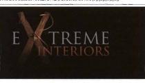 EXTREME INTERIORS - SCRITTA SU SFONDO NERO, IN CARATTERE STAMPATELLO MAIUSCOLO TRAJAN PRO,DI CUI EXTREME IN COLORE GRIGIO CHIARO E EXTREME INTERIORS - SCRITTA SU SFONDO NERO, IN CARATTERE STAMPATELLO MAIUSCOLO TRAJAN PRO,DI CUI EXTREME IN COLORE GRIGIO CHIARO E INTERIORS IN COLORE ARANCIONE . LA X DI EXTREME E COSTITUITA DA UNA CROCE DI SANT ANDREA IN LEGNO RECANTE BORCHIE IN METALLO E UNA FRUSTA IN CUOIO ATTORCIGLIATA ESSA SUL LATO DESTRO FIGURATIVO A COLORI EXTREME INTERIORS - SCRITTA SU SFONDO NERO, IN CARATTERE STAMPATELLO MAIUSCOLO TRAJAN PRO,DI CUI EXTREME IN COLORE GRIGIO CHIARO E