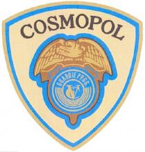 LOGO COMPOSTO DA UNO SCUDO CON BORDO NERO, FONDO COLOR ORO CON RIQUADRO COLOR CIANO, ALL INTERNO SCRITTA COSMOPOL COLOR NERO, LOGO COMPOSTO DA UNO SCUDO CON BORDO NERO, FONDO COLOR ORO CON RIQUADRO COLOR CIANO, ALL INTERNO SCRITTA COSMOPOL COLOR NERO, UN AQUILA COLOR ORO IN TRE TONALITA IN POSIZIONE DI ATTESA CON LE ALI APERTE. RIQUADRO CIANO E BORDO NERO SU STEMMA COLOR ORO E CIANO, SCRITTA ORO GUARDIE PP.GG. AL CENTRO TRE INIZIALI DI COLOR ORO IVC ISTITUTO VIGILANZA COSMOPOL. LOGO COMPOSTO DA UNO SCUDO CON BORDO NERO, FONDO COLOR ORO CON RIQUADRO COLOR CIANO, ALL INTERNO SCRITTA COSMOPOL COLOR NERO