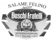 IL MARCHIO CONSISTE NELLA SCRITTA SALAME FELINO IN CARATTERI GRAFICI STILIZZATI, AL DI SOTTO DELLA QUALE VI È LA SCRITTA MARCHIO CONSISTE NELLA SCRITTA SALAME FELINO IN CARATTERI GRAFICI STILIZZATI, AL DI SOTTO DELLA QUALE VI È LA SCRITTA PURO SUINO IN DIMENSIONI MINORI, E UN OVALE FILETTATO IN CUI VI È LA DICITURA SALUMI BOSCHI FRATELLI ANCH ESSA STILIZZATA. INFERIORMENTE ALL OVALE È SOVRAPPOSTO UN ELEMENTO CIRCOLARE ATTORNIATO DA COMPOSIZIONE FLOREALE E CONTENENTE LA SCRITTA TRADIZIONE DI QUALITA LUNGO LA CIRCONFERENZA DI DETTO ELEMENTO. NELL ELEMENTO CIRCOLARE È INOLTRE RAFFIGURATO UN BIPLANO, FRA NUBI, SORVOLANTE LE CIMINIERE FUMANTI DI UNO STABILIMENTO. PARZIALMENTE SOVRAPPOSTA AL DETTO ELEMENTO VI È UNA BANDA CON LA SCRITTA FELINO E LA DICITURA MARCA AEROPLANO . IL MARCHIO CONSISTE NELLA SCRITTA SALAME FELINO IN CARATTERI GRAFICI STILIZZATI, AL DI SOTTO DELLA QUALE VI È LA SCRITTA