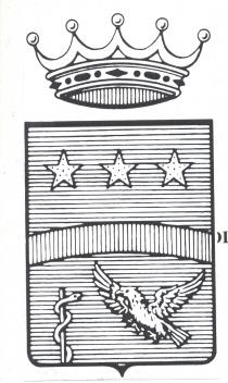 SCUDO DIVISO A META IN SENSO ORIZZONTALE DA UNA FASCIA E RAFFIGURANTE NELLA PARTE SUPERIORE TRE STELLE E NELLA PARTE SCUDO DIVISO A META IN SENSO ORIZZONTALE DA UNA FASCIA E RAFFIGURANTE NELLA PARTE SUPERIORE TRE STELLE E NELLA PARTE INFERIORE UN AQUA CHE GHERMISCE UNA SERPE ATTORCIGLIATA UN BASTONE. LO SCUDO E SORMONTATO DA UNA CORONA A CINQUE PERLE E SORRETTA DA ALTRETTANTE PUNTE SCUDO DIVISO A META IN SENSO ORIZZONTALE DA UNA FASCIA E RAFFIGURANTE NELLA PARTE SUPERIORE TRE STELLE E NELLA PARTE