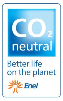 CO2 NEUTRAL IL MARCHIO CONSISTE NELLA SIGLA CO2 DOVE IL NUMERO 2 HA UNA DIMENSIONE RIDOTTA RISPETTO AGLI ALTRI DUE CO2 NEUTRAL MARCHIO CONSISTE NELLA SIGLA CO2 DOVE IL NUMERO 2 HA UNA DIMENSIONE RIDOTTA RISPETTO AGLI ALTRI DUE CARATTERI ED È POSTA AL DI SOTTO DELLA LETTERA O. SOTTOSTANTE LA SIGLA CO2 VI È LA SCRITTA NEUTRAL IN CARATTERI STANDARD MINUSCOLI. IL TUTTO È SCRITTO IN CARATTERI BIANCHI ALL INTERNO DI UN QUADRATO DI COLORE BLU CHE RISULTA PIÙ SFUMATO E CHIARO INTORNO ALLA SIGLA O2. AL DI SOTTO DEL QUADRATO COMPARE LA SCRITTA DI COLORE BLU BETTER LIFE ON THE PLANET IN CARATTERI STANDARD MINUSCOLI, LA CUI LETTERA B È IN CARATTERE STANDARD MAIUSCOLO. TALE DICITURA SOVRASTA LA SCRITTA DI COLORE BLU ENEL IN CARATTERI STANDARD MINUSCOLI CORSIVI, LA CUI LETTERA E È IN CARATTERE MAIUSCOLO E ALLA CUI CO2 NEUTRAL IL MARCHIO CONSISTE NELLA SIGLA CO2 DOVE IL NUMERO 2 HA UNA DIMENSIONE RIDOTTA RISPETTO AGLI ALTRI DUE