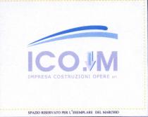 IL MARCHIO ICO.IM IMPRESA COSTRUZIONI OPERE SRL SI CONTRADDISTINGUE PER LA COMPOSIZIONE DEL LETTERING SVILUPPATO SU DUE LIVELLI AVENTE COME MARCHIO ICO.IM IMPRESA COSTRUZIONI OPERE SRL SI CONTRADDISTINGUE PER LA COMPOSIZIONE DEL LETTERING SVILUPPATO SU DUE LIVELLI AVENTE COME SEGNO DISTINTIVO UNA FRECCIA TRIDIMENSIONALE TRA LA LETTERA O E M ATTA A RAPPRESENTARE LE OPERE DI FONDAZIONI SPECIALI, CON ALL INTERNO LA LETTERA I .LA TONALITA CROMATICA UTILIZZATA PER IL LETTERING E DI COLORE GRIGIO SCURO, MENTRE PER LA FRECCIA VI SONO DUE TIPI DI COLORE GRIGIO CHIARO E AZZURRO MENTRE PER LA LETTERA I CHE SI TROVA ALL INTERNO DELLA STESSA E CELESTE CHIARO. A SOVRASTARE LA PARTE VERBALE SONO STATI SITUATI DUE ELEMENTI GRAFICI CURVI ATTI A RAPPRESENTARE STRADE E TUBAZIONI . TUTTE E DUE GLI ELEMENTI GRAFICI UTILIZZATI HANNO COME TONALITA CROMATICA IL COLORE CIANO E CELESTE CHIARO. IL MARCHIO ICO.IM IMPRESA COSTRUZIONI OPERE SRL SI CONTRADDISTINGUE PER LA COMPOSIZIONE DEL LETTERING SVILUPPATO SU DUE LIVELLI AVENTE COME