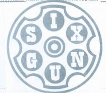 MARCHIO SIX GUN DI FORMA CIRCOLARE CON ALL INTERNO UN CERCHIO INTERVALLATO DA SEI RIENTRANZE CONVESSE DI FORMA ANCH ESSE CIRCOLARI, SEI MARCHIO SIX GUN DI FORMA CIRCOLARE CON ALL INTERNO UN CERCHIO INTERVALLATO DA SEI RIENTRANZE CONVESSE DI FORMA ANCH ESSE CIRCOLARI, SEI CERCHI COLORATI CON ALL INTERNO LE LETTERE S I X G U N PRIVE DI COLORE E DUE CERCHI PIU PICCOLI CONCENTRICI. POTRA ESSERE TUTTO MONOCROMATICO IN QUALSIASI COLORE OPPURE IN VARI COLORI MARCHIO SIX GUN DI FORMA CIRCOLARE CON ALL INTERNO UN CERCHIO INTERVALLATO DA SEI RIENTRANZE CONVESSE DI FORMA ANCH ESSE CIRCOLARI, SEI
