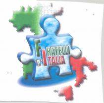 ITALIA INCOMPLETA COMPOSTA DA PEDINE DI PUZZLE DELINEATE DA CONTORNI NERO SFUMATO A NORD OVEST E SARDEGNA DI COLORE VERDE ITALIA INCOMPLETA COMPOSTA DA PEDINE DI PUZZLE DELINEATE DA CONTORNI NERO SFUMATO A NORD OVEST E SARDEGNA DI COLORE VERDE A NORD EST DI COLORE BIANCO A SUD E SICILIA COLORE ROSSO AL CENTRO GRANDE PEDINA AZZURRA CON NUVOLE BIANCHE A FORMA DI UOMO A BRACCIA APERTE E CONTORNO BLU SAVOIA NAZIONALE CON AL CENTRO LA SCRITTA MAIUSCOLA IN VERDE FRATELLI BORDATA IN BIANCO E CON LA LETTERA F DI CARATTERE PIU GRANDE ALLA SINISTRA LA LETTERA D APOSTROFATA BIANCA BORDATA DI NERO E SOTTO LA SCRITTA ITALIA IN ROSSO BORDATA IN BIANCO CON LA LETTERA I DI CARATTERE PIU GRANDE ITALIA INCOMPLETA COMPOSTA DA PEDINE DI PUZZLE DELINEATE DA CONTORNI NERO SFUMATO A NORD OVEST E SARDEGNA DI COLORE VERDE