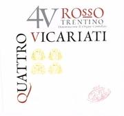 QUATTRO VICARIATI 4V ROSSO TRENTINO DENOMINAZIONE DI ORIGINE CONTROLLATA - CAVIT A VITE AD VITAM MARCHIO E COSTITUITO DA UNA ETICHETTA TRAPEZOIDALE CON SCRITTA QUATTRO VICARIATI IN CARATTERI STAMPATELLO MAIUSCOLO CON PAROLA QUATTRO DISPOSTA VERTICALMENTE. AL DI SOPRA DELLA DICITURA VICARIATI SI TROVANO LE SCRITTE: 4V, IN CORPO MAGGIORE, ROSSO E AL DI SOTTO, SU DUE RIGHE, TRENTINO DENOMINAZIONE DI ORIGINE CONTROLLATA . ALL INTERNO DI DETTA ETICHETTA, SPOSTATI VERSO SINISTRA, SONO DISPOSTI SU DUE RIGHE, QUATTRO STEMMI. IN BASSO A DESTRA CAMPEGGIA, A MO DI TIMBRO, UN OVALE INCORONATO RECANTE LA SCRITTA CAVIT A VITE VITAM .