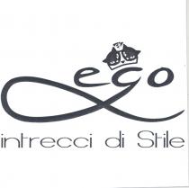 IL MARCHIO E COSTITUITO DALLA DICITURA EGO INTRECCI DI STILE E DA UNA PARTE GRAFICA CHE RAFFIGURA UNA CORONA LA MARCHIO E COSTITUITO DALLA DICITURA EGO INTRECCI DI STILE E DA UNA PARTE GRAFICA CHE RAFFIGURA UNA CORONA LA CUI FORMA E RICAVATA DALL ACCOSTAMENTO DEI VOLTI DI DUE GATTI CON AL CENTRO UN DIADEMA STILIZZATO, CONTENENTE LE SIGLE A-F-J INTERSECATE TRA LORO. IL MARCHIO E COSTITUITO DALLA DICITURA EGO INTRECCI DI STILE E DA UNA PARTE GRAFICA CHE RAFFIGURA UNA CORONA LA