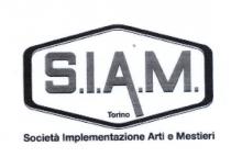 S.I.A.M. TORINO SOCIETA IMPLEMENTAZIONE ARTI E MESTIERI MARCHIO CONSISTE IN UN ESAGONO DAI CONTORNI SCURI CHE SIMULANO UN RILIEVO CONTENENTE LA DICITURA ORIZZONTALE IN PRIMO PIANO S.I.A.M., NELLA PARTE INFERIORE IN PICCOLO TROVIAMO LA SCRITTA TORINO, SOTTO ALL ESAGONO E PRESENTE LA SCRITTA SOCIETA IMPLEMENTAZIONE ARTI E MESTIERI MARCHIO FIGURATIVO, MARCHIO INDIVIDUALE S.I.A.M. TORINO SOCIETA IMPLEMENTAZIONE ARTI E MESTIERI