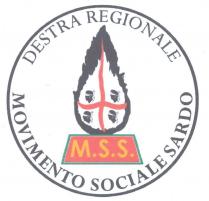 CERCHIO, CON BORDO NERO E SFONDO BIANCO, CONTENENTE NELLA PARTE SUPERIORE LA SCRITTA DI COLORE NERO DESTRA REGIONALE, E NELLA CERCHIO, CON BORDO NERO E SFONDO BIANCO, CONTENENTE NELLA PARTE SUPERIORE LA SCRITTA DI COLORE NERO DESTRA REGIONALE, E NELLA PARTE INFERIORE LA SCRITTA DI COLORE NERO MOVIMENTO SOCIALE SARDO . ALL INTERNO DEL CERCHIO, NELLA PARTE INFERIORE, TRA LE DUE SCRITTE, E SITUATO UN TRAPEZIO CON SFONDO ROSSO, CON DOPPIO BORDO, DEI QUALI QUELLO PIU INTERNO E DI COLORE BIANCO, MENTRE QUELLO PIU ESTERNO E DI COLORE VERDE. ALL INTERNO DEL TRAPEZIO E CONTENUTA LA SCRITTA DI COLORE GIALLO M. S. S. . SOPRA TRAPEZIO E COLLOCATA UNA FIAMMA NERA, CONTENENTE UNA FIAMMA BIANCA, ATTRAVERSATA DA DUE LINEE IRREGOLARI DI COLORE ROSSO CHE SI INTERSECANO, E CHE DIVIDONO LA FIAMMA BIANCA IN QUATTRO PARTI. OGNUNA DELLE 4 PARTI DELLA FIAMMA BIANCA contiente UNA TESTA DI COLORE NERO RIVOLTA A SINISTRA, CON ORECCHINO BIANCO E BENDA BIANCA SUGLI OCCHI.