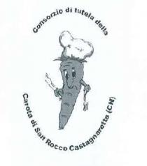 CONSORZIO DI TUTELA DELLA CAROTA DI SAN ROCCO CASTAGNARETTA CN STILIZZAZIONE GOLIARDICA DI UNA CAROTA IN ATTEGGIAMENTO DA CUOCO CON OCCHI, NASO E BOCCA, CON LE BRACCIA E IN MANO DA UNA PARTE LA FORCHETTA E DALL ALTRA COLTELLO. IN TESTA HA UN CAPPELLO DA CUOCO. IN ALTO DISPOSTA A SEMICERCHIO LA SCRITTA CONSORZIO DI TUTELA DELLA IN BASSO CAROTA DI SAN ROCCO CASTAGNARETTA CN SEMPRE DISPOSTA IN SEMICERCHIO. MARCHIO FIGURATIVO. CONSORZIO DI TUTELA DELLA CAROTA DI SAN ROCCO CASTAGNARETTA CN